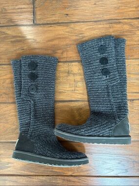 UGG Dark Gray Knit Button Classic Cardi Mid-Calf Boots